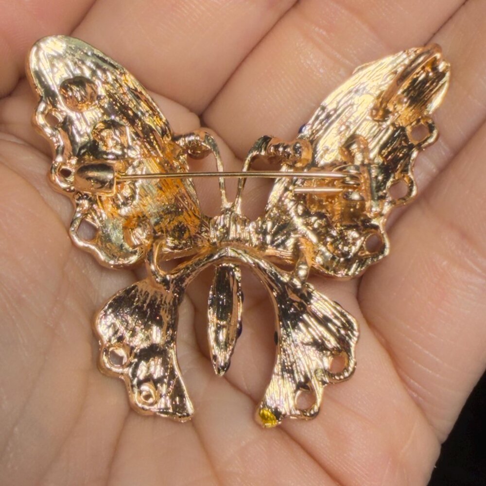 Butterfly Brooch Enamel Rhinestone Gold Tone Insect Pin 2" - Picture 5 of 5